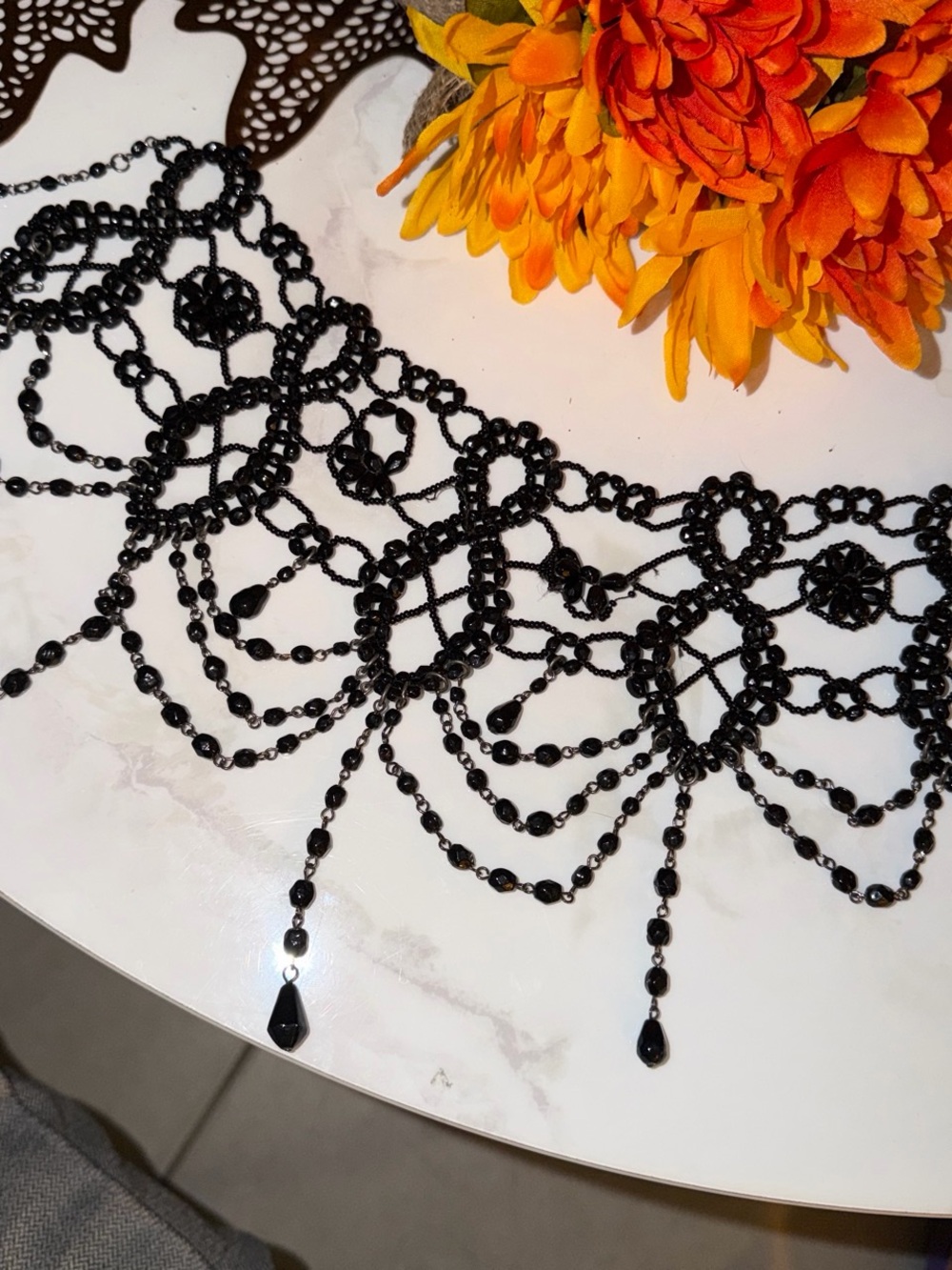 Elegant Black Beaded Lace Statement Choker